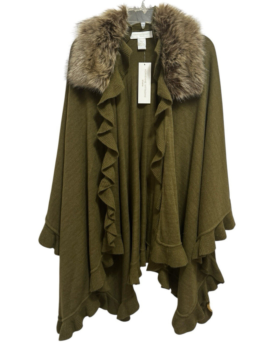 Adrianne Vittadini ONE SIZE Olive Cape Shawl Detachable Fur Collar Ruffled NWT
